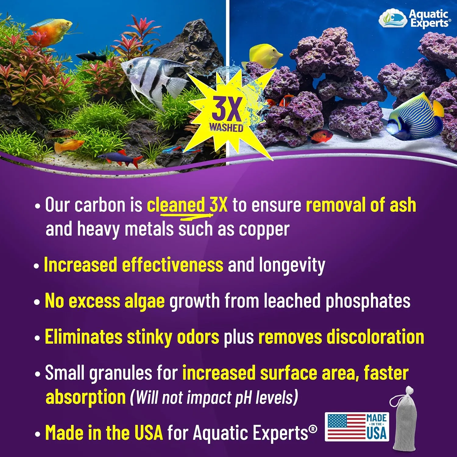 Premium Activated Carbon, Aquarium Carbon for Fish Tank Filter, Aquarium Filter Media, Granulated Charcoal for Fish Tanks, Activated Charcoal Bulk (1 lbs with Fine Mesh Bag)