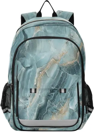 Primary Middle School Backpack Green Marble with A Hint Of Gold Pattern Kids Book Bags for Teens Kindergarten Sturdy Waterproof Lightweight Durable Ages 6-12