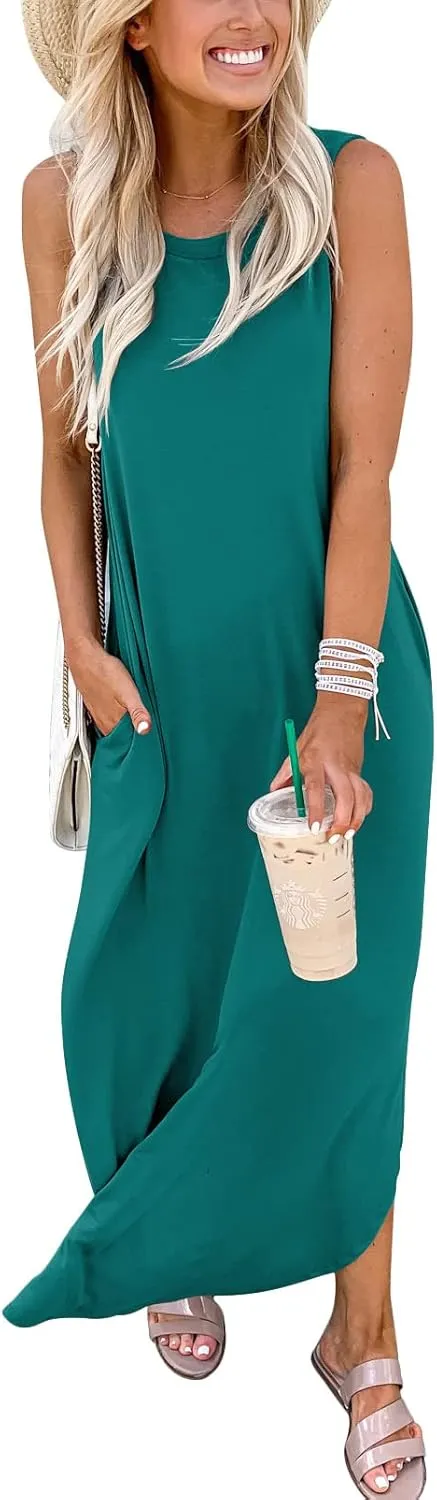 Prinbara Women's Maxi Dress Summer Casual Long Subdress Sleeveless Split Loose Trendy Beach Dresses