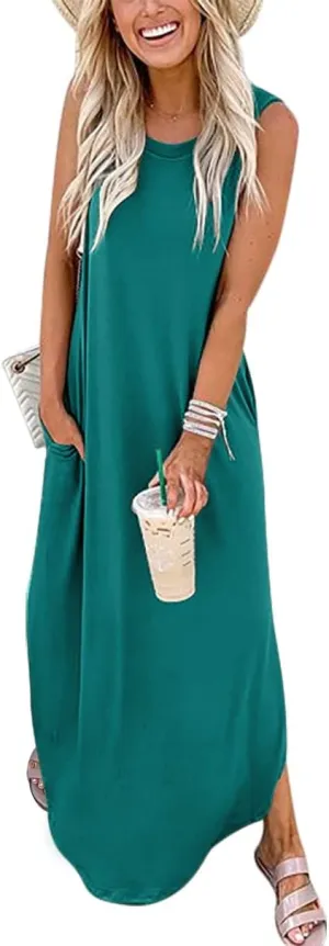 Prinbara Women's Maxi Dress Summer Casual Long Subdress Sleeveless Split Loose Trendy Beach Dresses