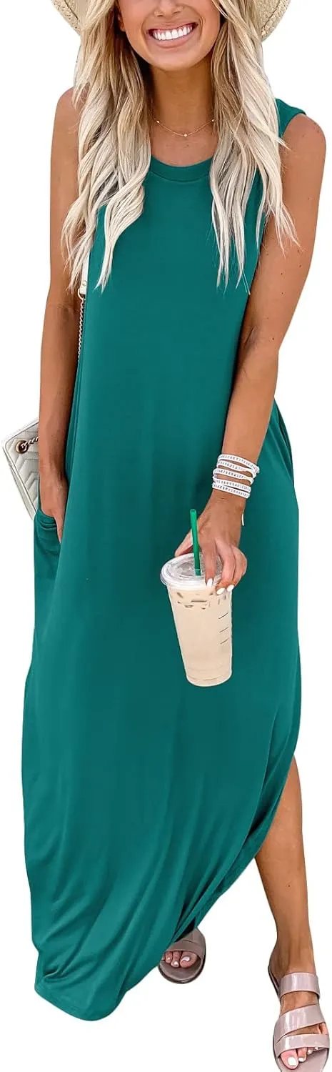 Prinbara Women's Maxi Dress Summer Casual Long Subdress Sleeveless Split Loose Trendy Beach Dresses