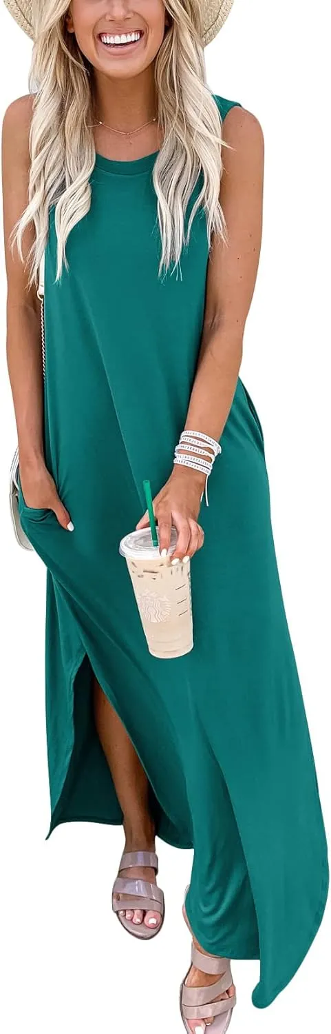 Prinbara Women's Maxi Dress Summer Casual Long Subdress Sleeveless Split Loose Trendy Beach Dresses