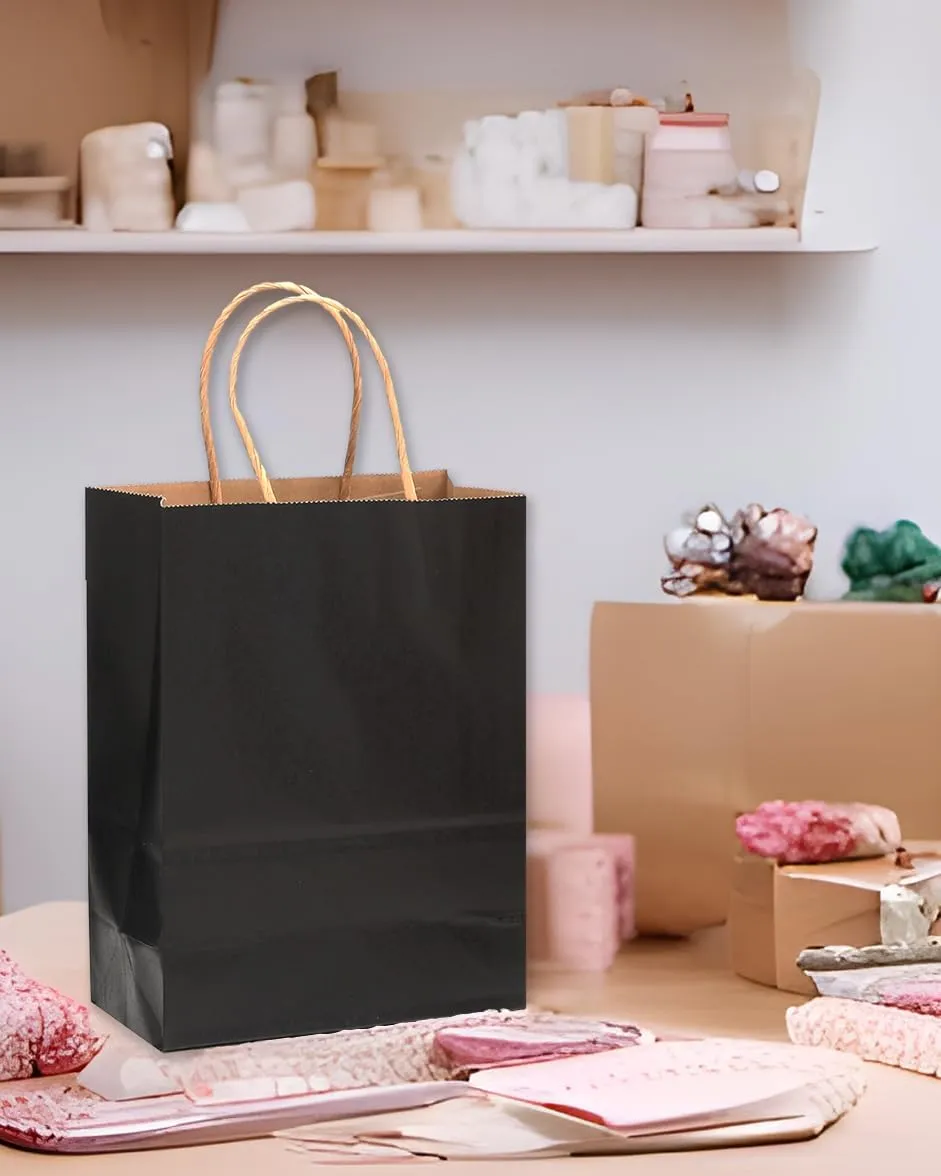 qiqee Large Kraft Paper Bags with Handles 13"x10"x5" 32 pcs Gift Paper Bags Black Solid Color Bags（Large Size）