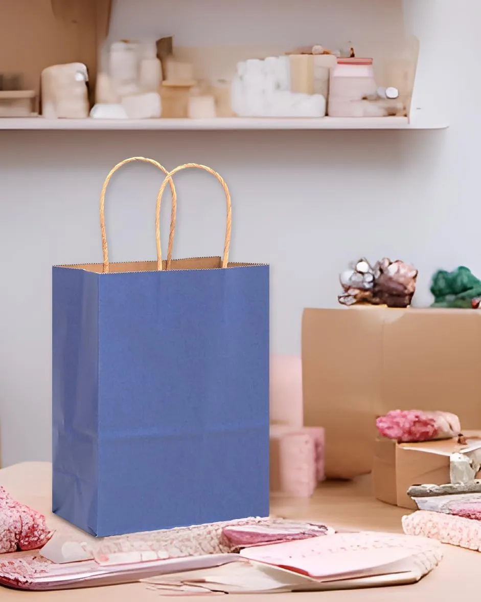 qiqee Large Kraft Paper Bags with Handles 13"x10"x5" 32 pcs Gift Paper Bags Deep Blue Solid Color Bags（Large Size）