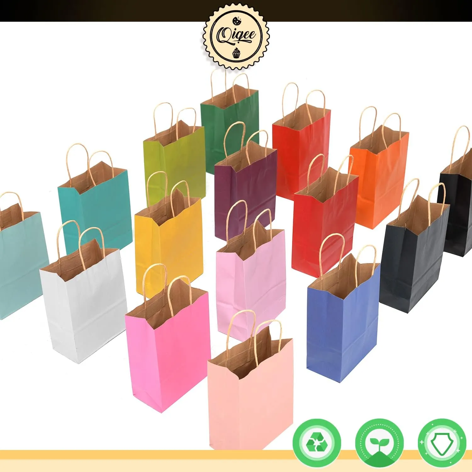qiqee Large Kraft Paper Bags with Handles Bulk 13"x10"x5" 32-Packs Gift Bags 16 Different Senior Color Bags Multiple Uses（Large Size）
