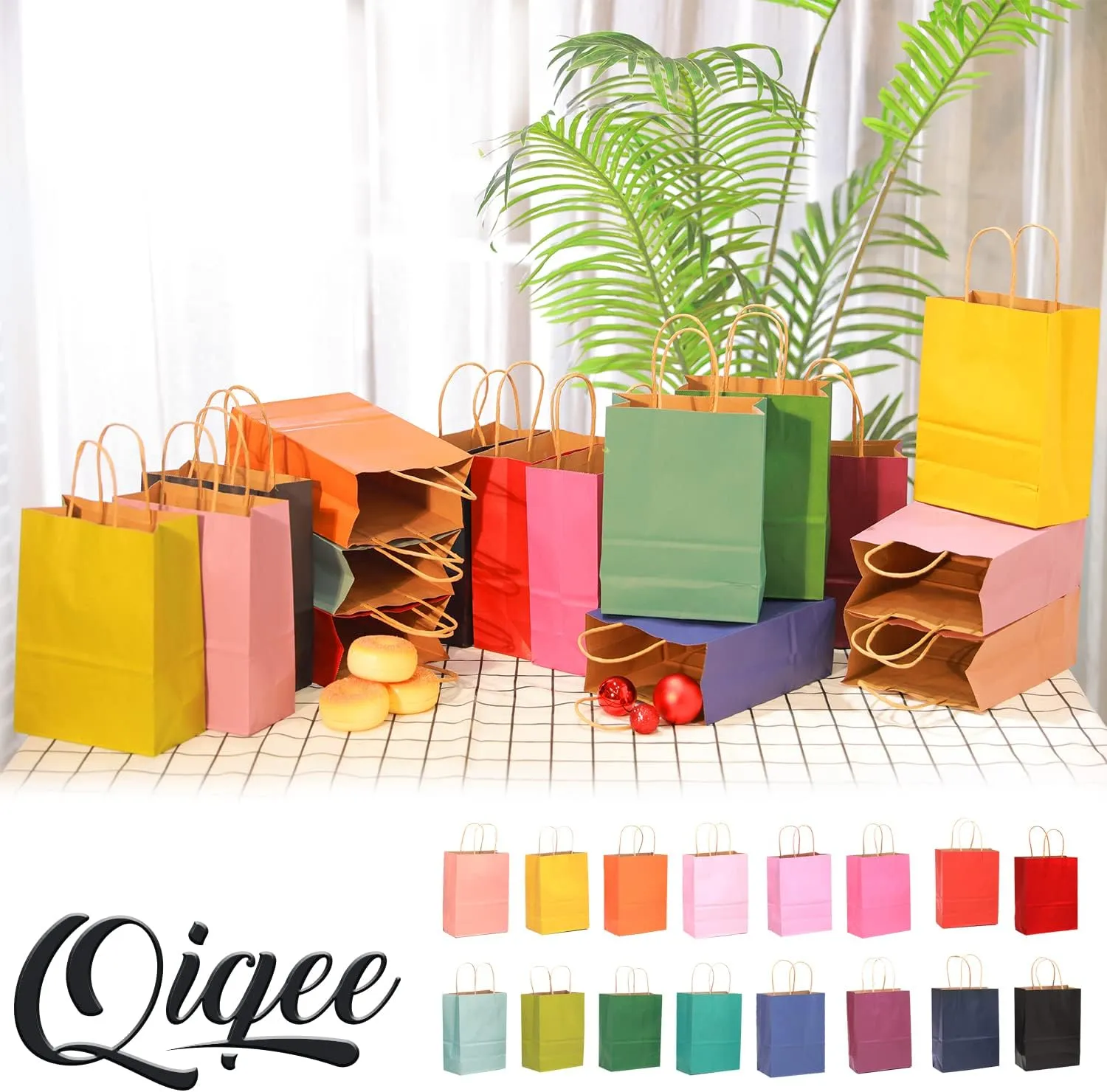 qiqee Large Kraft Paper Bags with Handles Bulk 13"x10"x5" 32-Packs Gift Bags 16 Different Senior Color Bags Multiple Uses（Large Size）
