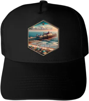 R and R Imports Daytona Beach Pier Florida Souvenir Black Unisex Mesh Back Trucker Hat with Adjustable Snapback