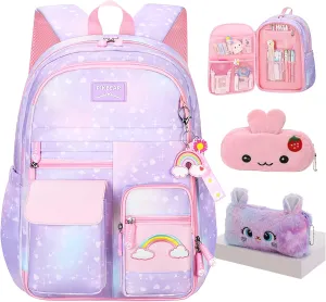 Rainbow Backpack For Girls Kids,Cute Student School Backpack With Pen Bag,Aesthetic Starry Rainbow Laptop Travel Bag