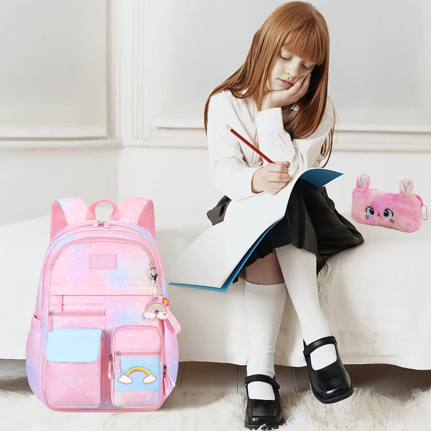 Rainbow Backpack For Girls Kids,Cute Student School Backpack With Pen Bag,Aesthetic Starry Rainbow Laptop Travel Bag