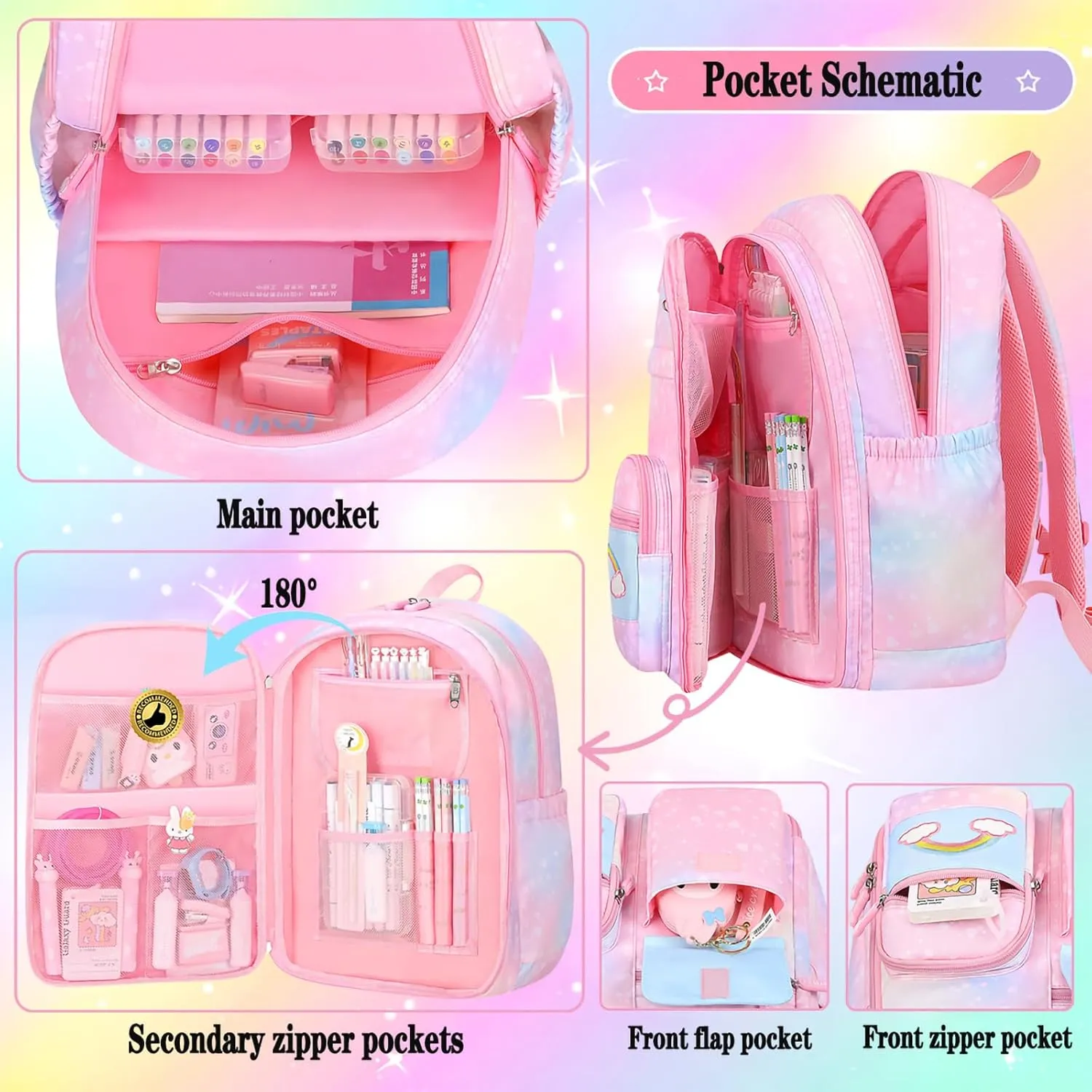 Rainbow Backpack For Girls Kids,Cute Student School Backpack With Pen Bag,Aesthetic Starry Rainbow Laptop Travel Bag