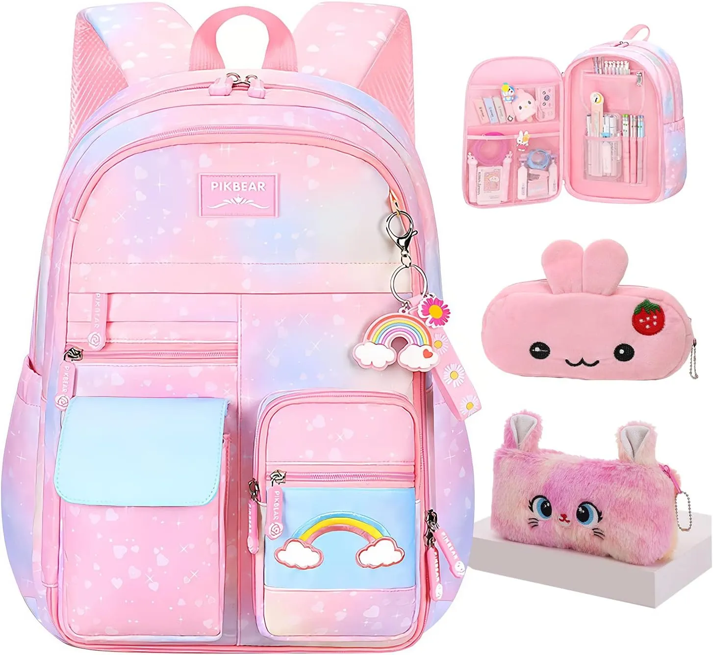 Rainbow Backpack For Girls Kids,Cute Student School Backpack With Pen Bag,Aesthetic Starry Rainbow Laptop Travel Bag