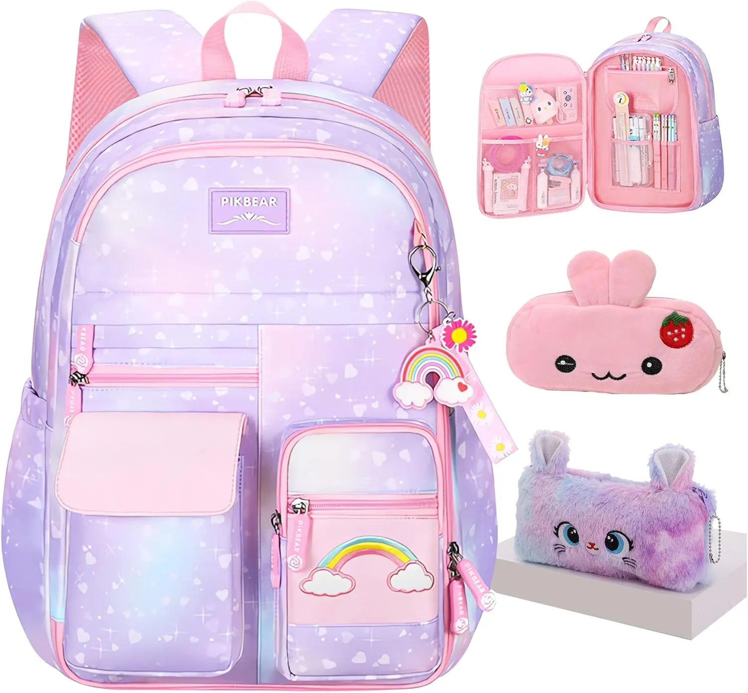 Rainbow Backpack For Girls Kids,Cute Student School Backpack With Pen Bag,Aesthetic Starry Rainbow Laptop Travel Bag
