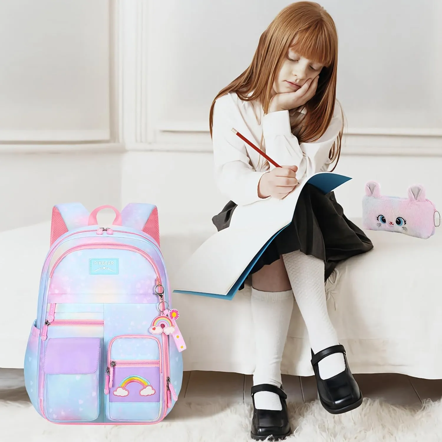 Rainbow Backpack For Girls Kids,Cute Student School Backpack With Pen Bag,Aesthetic Starry Rainbow Laptop Travel Bag