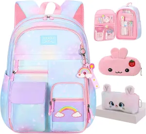 Rainbow Backpack For Girls Kids,Cute Student School Backpack With Pen Bag,Aesthetic Starry Rainbow Laptop Travel Bag