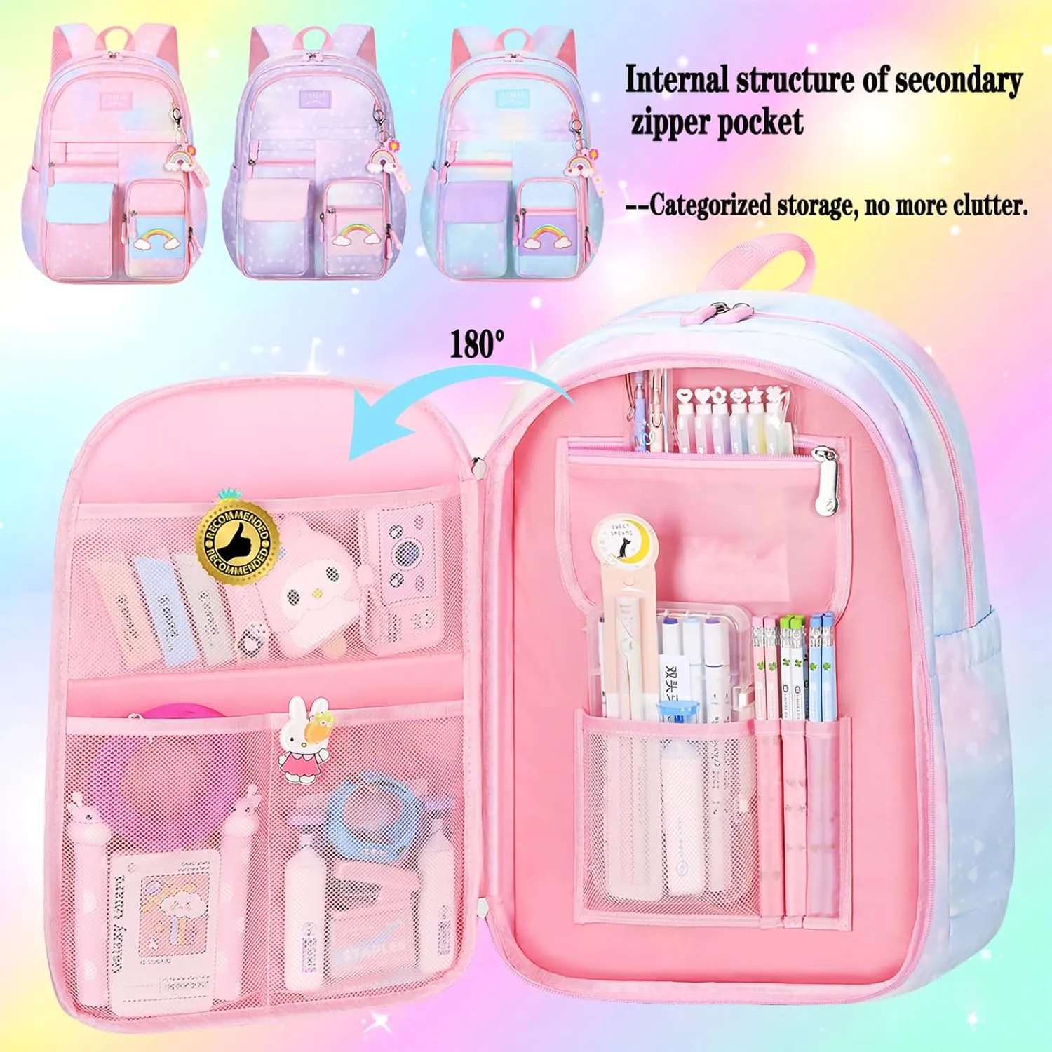 Rainbow Backpack For Girls Kids,Cute Student School Backpack With Pen Bag,Aesthetic Starry Rainbow Laptop Travel Bag