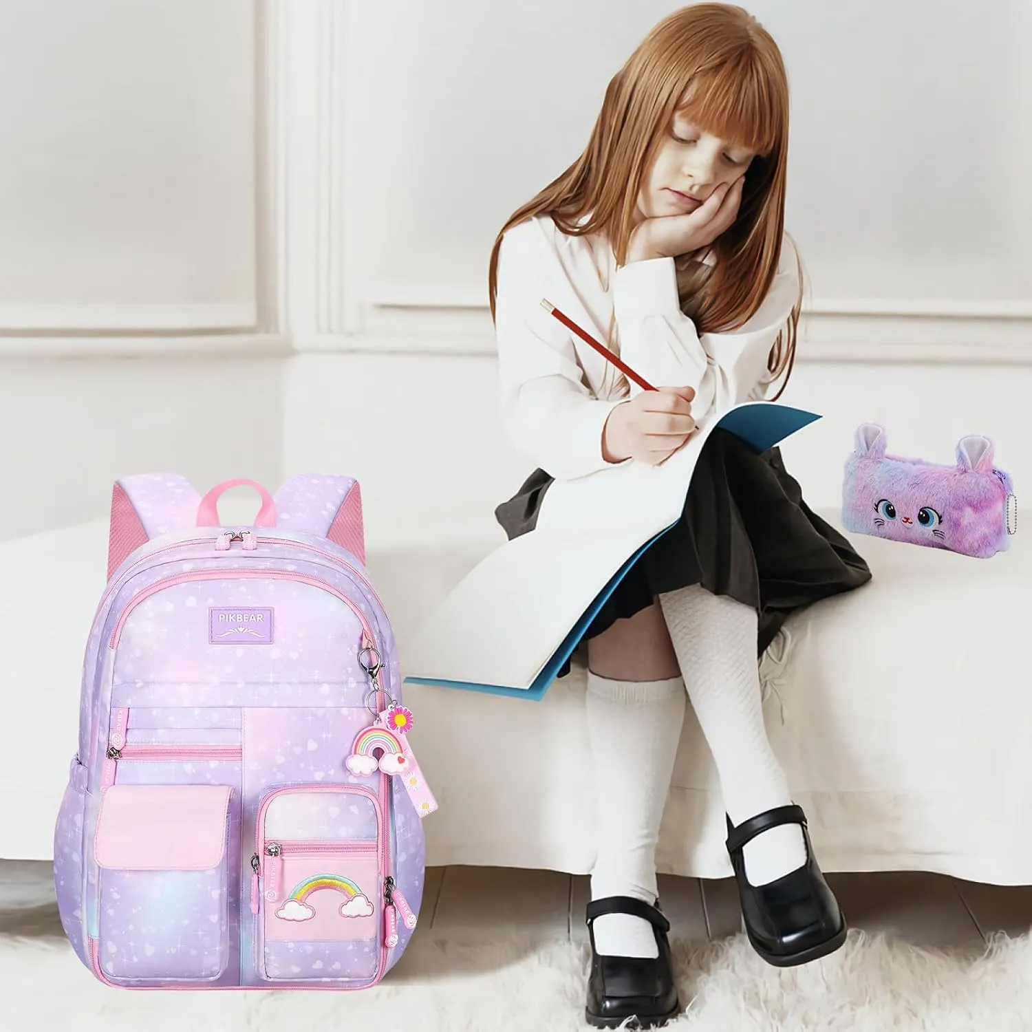 Rainbow Backpack For Girls Kids,Cute Student School Backpack With Pen Bag,Aesthetic Starry Rainbow Laptop Travel Bag
