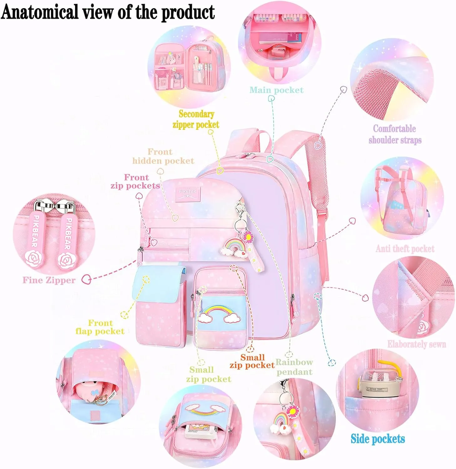 Rainbow Backpack For Girls Kids,Cute Student School Backpack With Pen Bag,Aesthetic Starry Rainbow Laptop Travel Bag