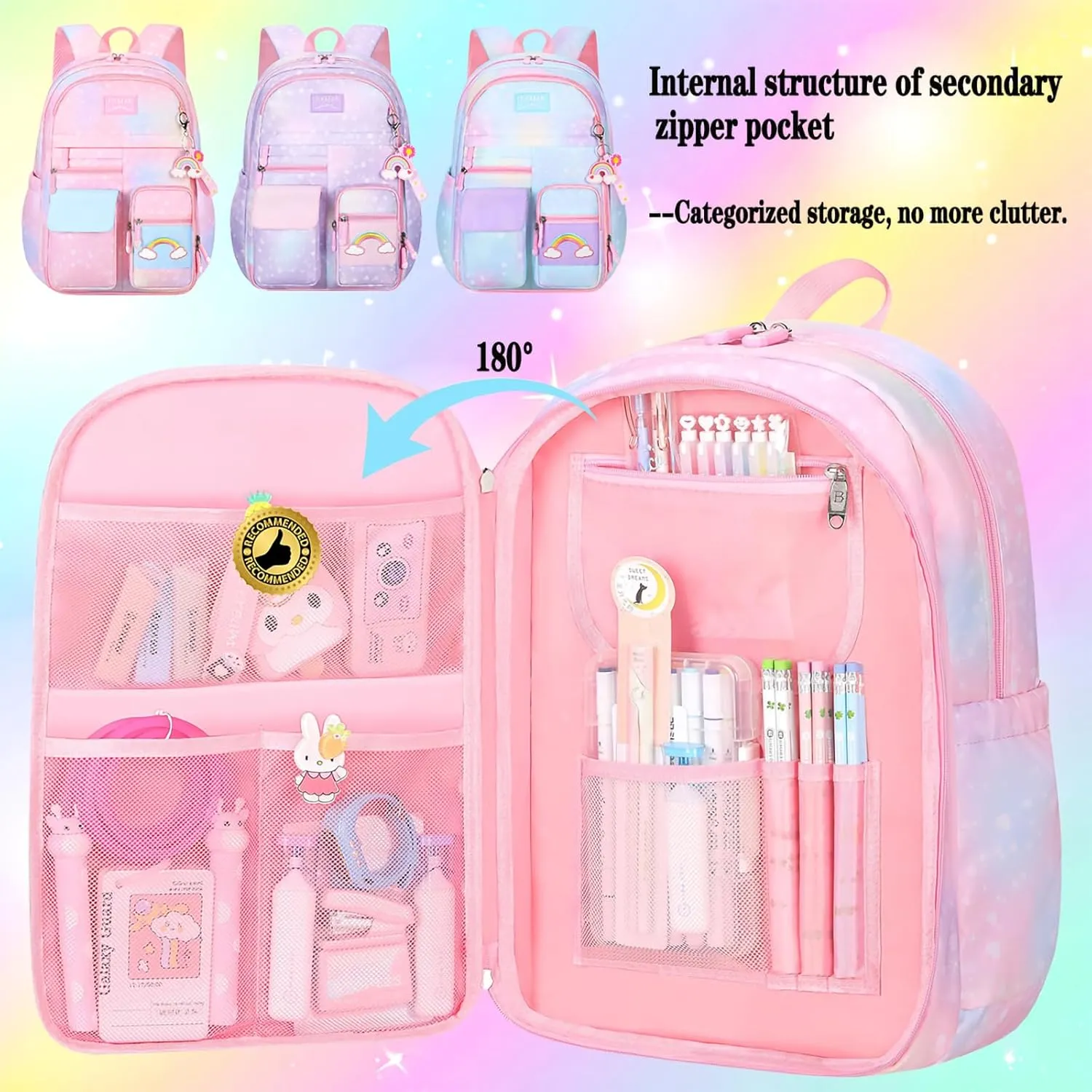 Rainbow Backpack For Girls Kids,Cute Student School Backpack With Pen Bag,Aesthetic Starry Rainbow Laptop Travel Bag