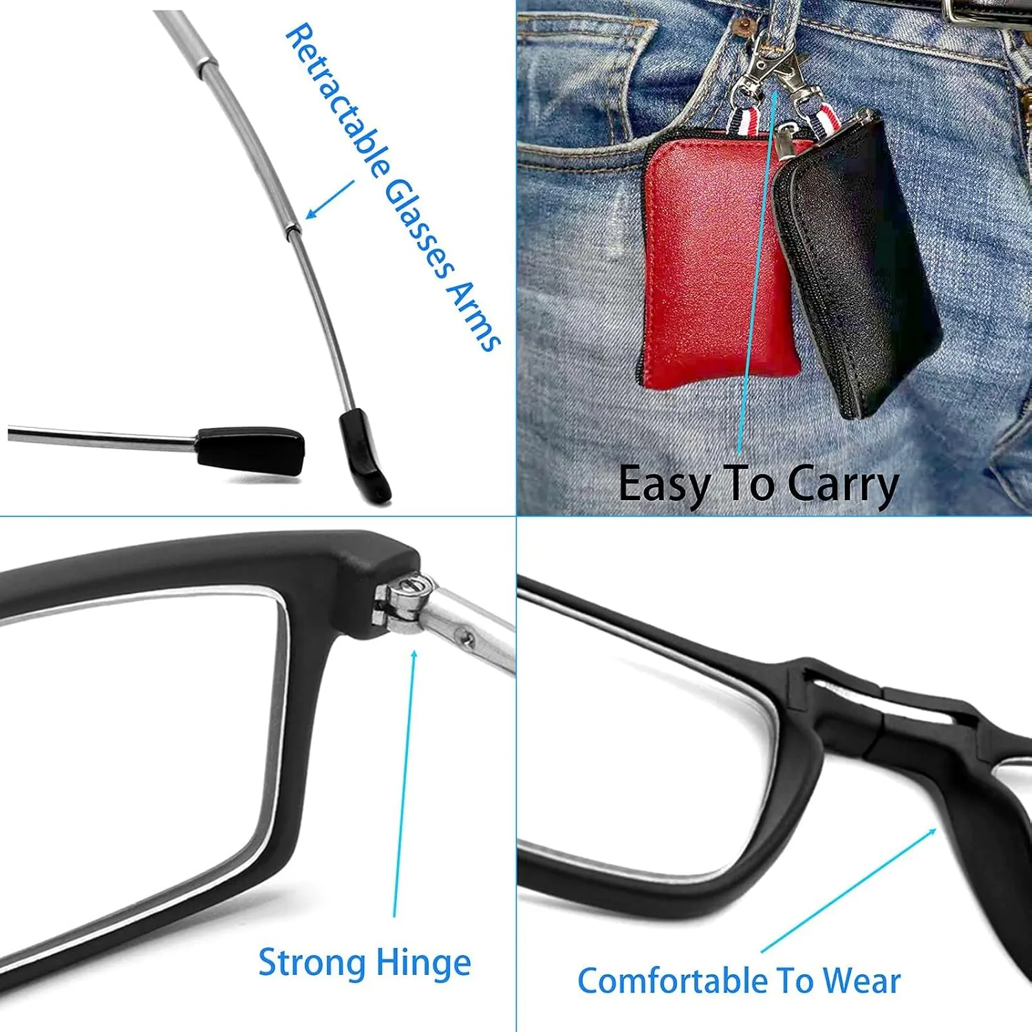 Reading Glasses for Women Men, Keychain Bags Compact Folding Readers, Clear Lens Blue light Glasses Spring Hinge