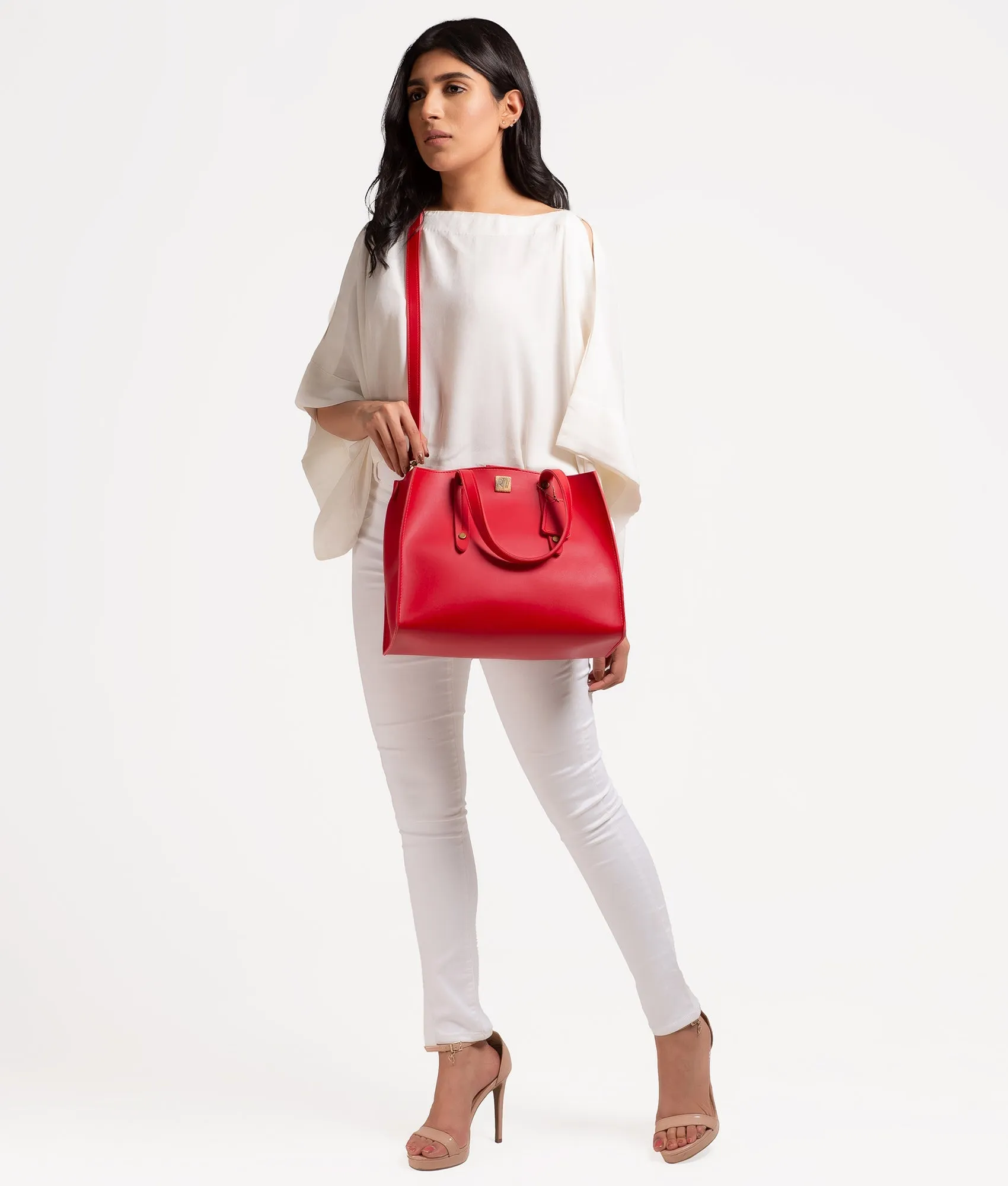 Red multi compartment satchel bag