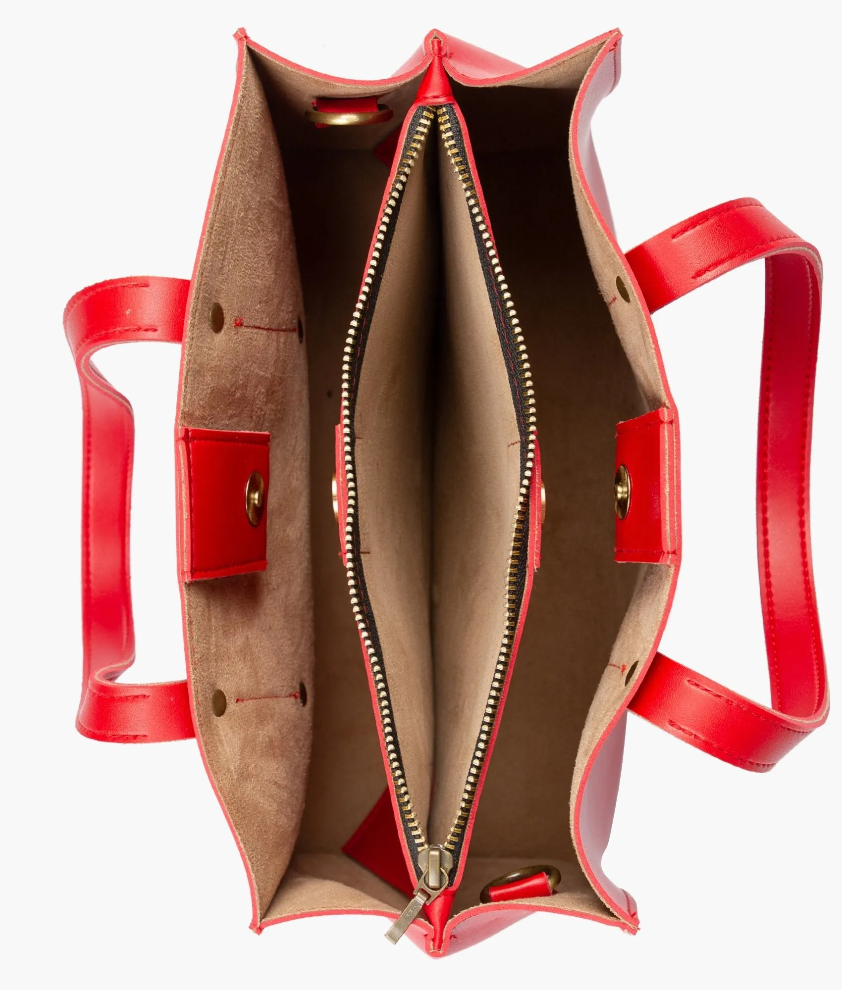 Red multi compartment satchel bag