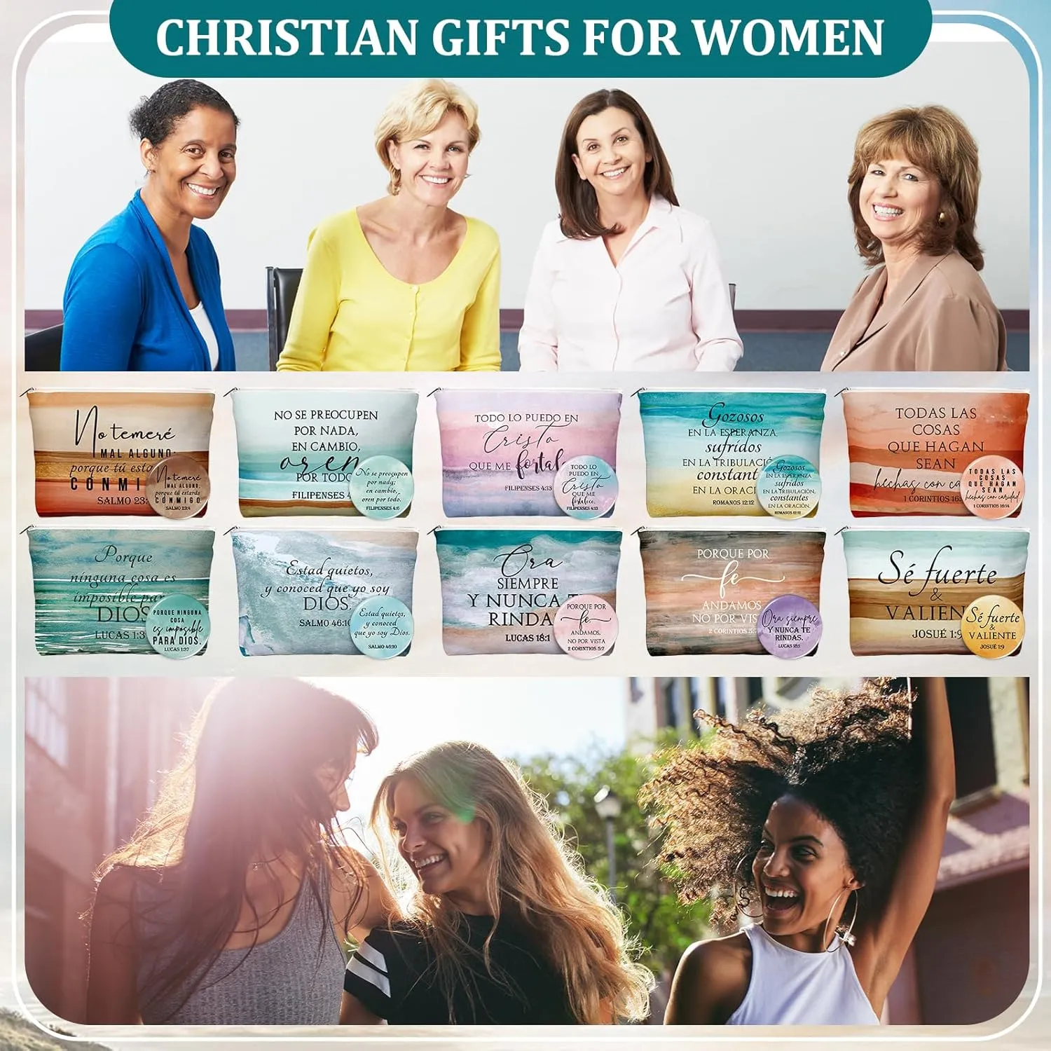 Reginary 10 Sets Christian Gifts for Women Include 10 Religious Canvas Makeup Bags with 10 Bible Verse Compact Mirrors Church Inspirational Gifts for Travel Mom Sister(Bright Colors,Spanish Style)