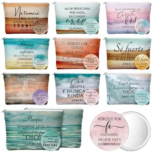 Reginary 10 Sets Christian Gifts for Women Include 10 Religious Canvas Makeup Bags with 10 Bible Verse Compact Mirrors Church Inspirational Gifts for Travel Mom Sister(Bright Colors,Spanish Style)