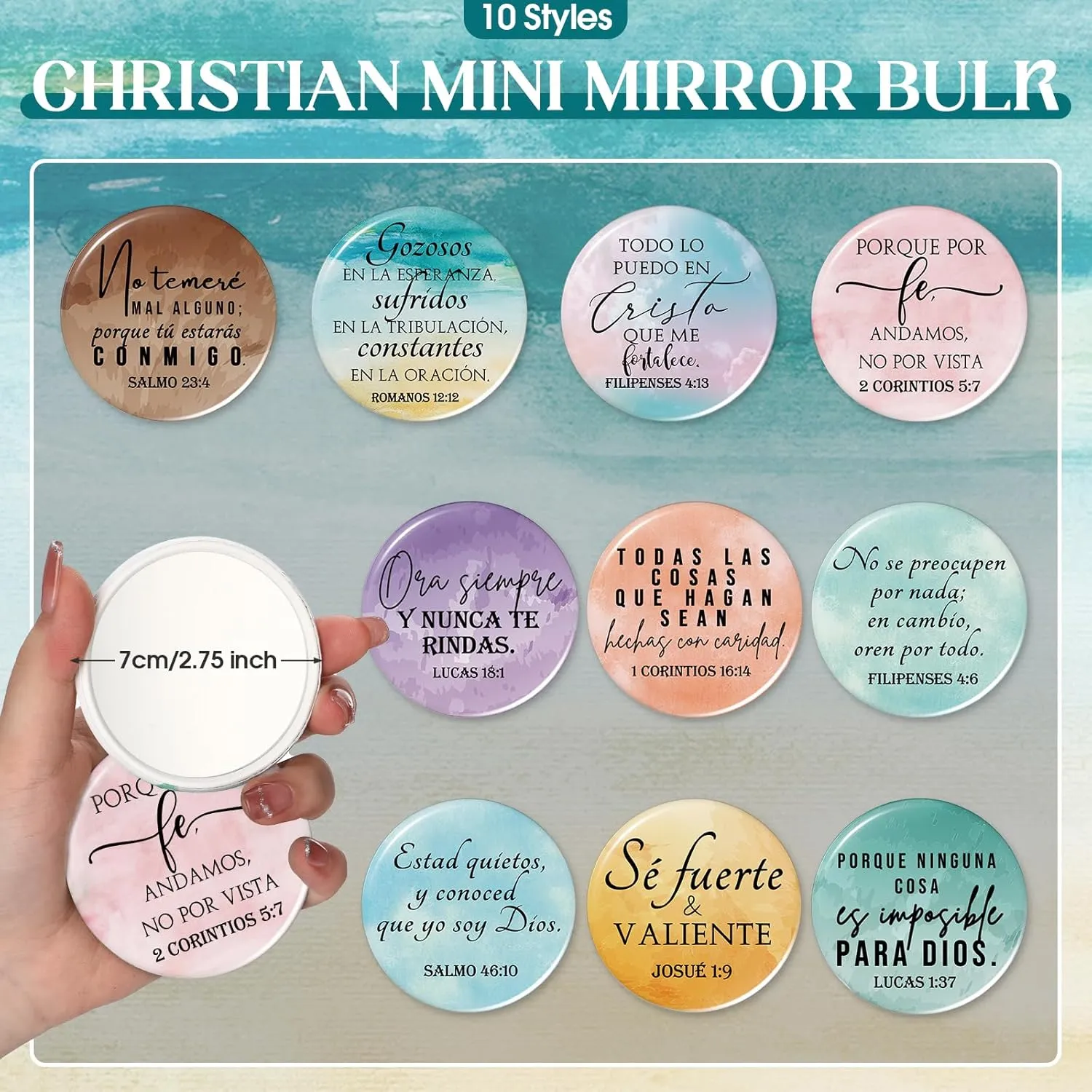 Reginary 10 Sets Christian Gifts for Women Include 10 Religious Canvas Makeup Bags with 10 Bible Verse Compact Mirrors Church Inspirational Gifts for Travel Mom Sister(Bright Colors,Spanish Style)