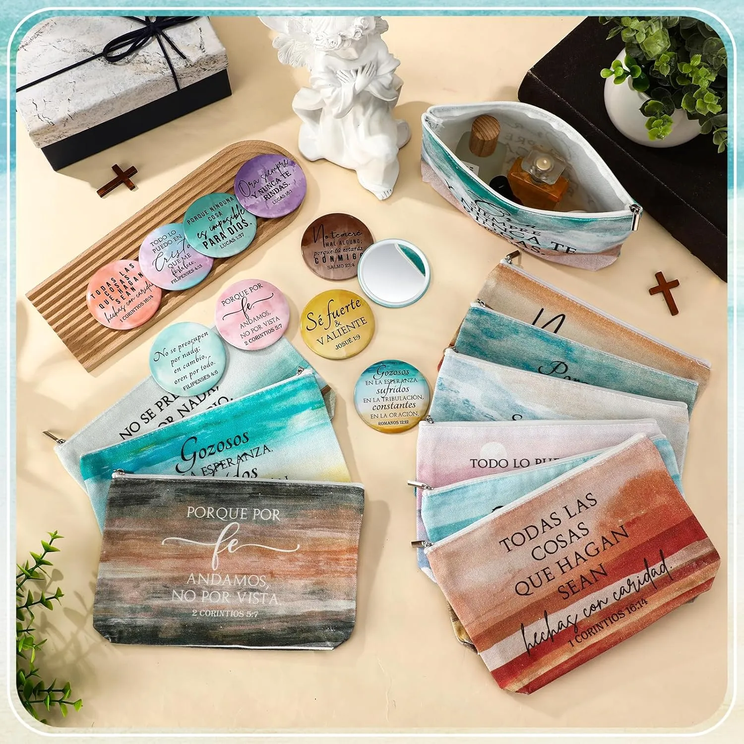 Reginary 10 Sets Christian Gifts for Women Include 10 Religious Canvas Makeup Bags with 10 Bible Verse Compact Mirrors Church Inspirational Gifts for Travel Mom Sister(Bright Colors,Spanish Style)