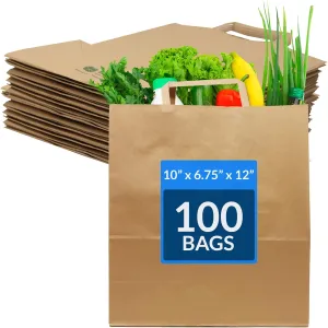 Reli. Kraft Paper Bags w/Handles (100 Pcs, Bulk) (Large 10"x6.75"x12") Brown Paper To Go/Take Out/Restaurant/Bags with Handles, Shopping Bags, Retail, Gifts | 25% larger than 10"x5"x13"