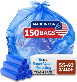 Reli. SuperValue 55-60 Gallon Recycling Bags | 150 Count | Blue Trash Bags | Made in the USA