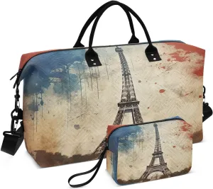 Retro Eiffel Tower France Flag Sports Gym Bag for Women Men Travel Duffel Bag Weekend Overnight Carry on Bag with Toiletry Bag Hospital Bag for Workout Swimming Yoga Plane Hospital