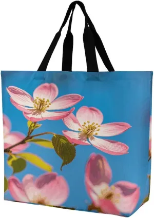 Reusable Large Capacity Shopping Bags Exquisite Spring Dogwood Blossoms Printed Tote Bags Lightweight Shoulder Shopping Bags