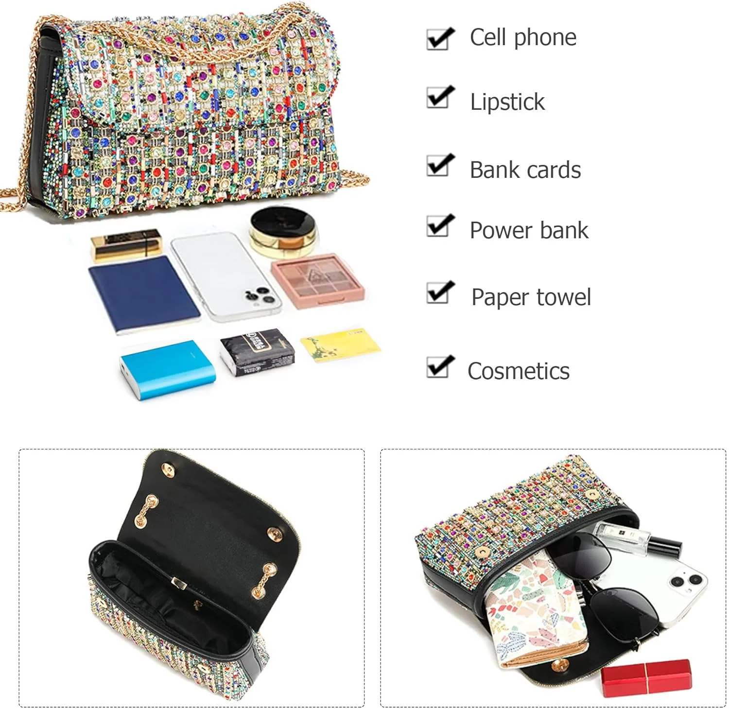 Rhinestones Clutch Purses for Women Chain Shoulder Bags Sparkly Evening Bags for Cocktail Prom Party Wedding