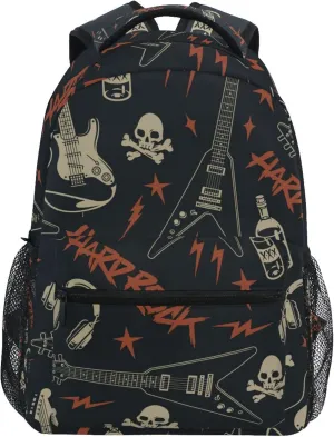 Rock Guitars Punk Music Skulls Backpack for Boys Girls, Kids Bookbag Laptop Tablet Travel School Bag with Name Tag