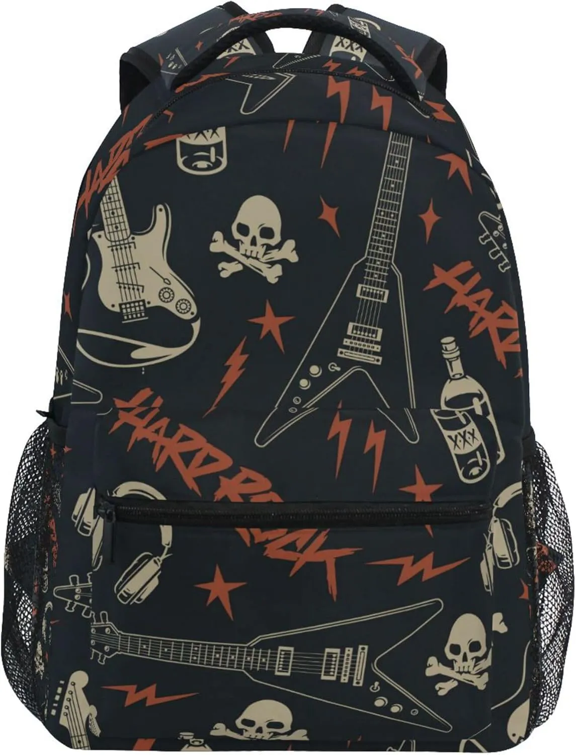 Rock Guitars Punk Music Skulls Backpack for Boys Girls, Kids Bookbag Laptop Tablet Travel School Bag with Name Tag