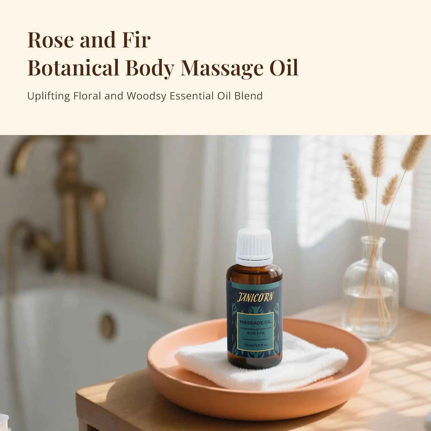 Rose & Fir Botanical Massage Oil – Refreshing Floral-Wood Body Oil for Women & Men – Lightweight & Plant-Based, 30ml (1.0 fl oz)