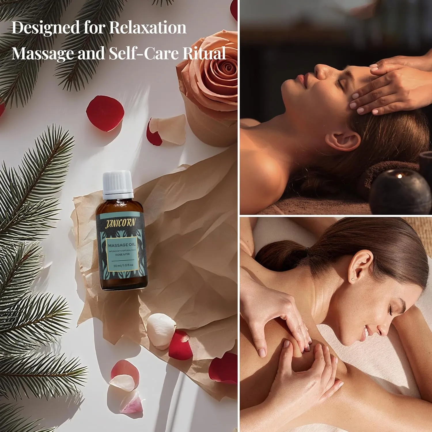 Rose & Fir Botanical Massage Oil – Refreshing Floral-Wood Body Oil for Women & Men – Lightweight & Plant-Based, 30ml (1.0 fl oz)