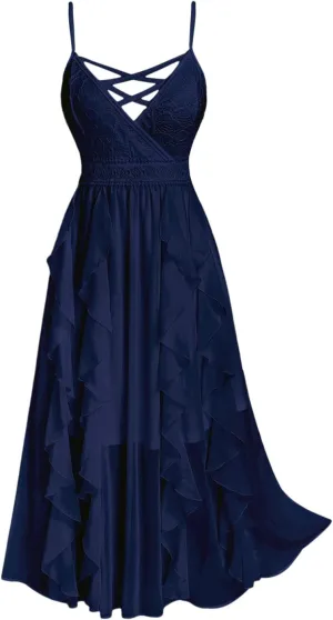 Rosegal Plus Size Party Dress for Women Lace Ruffles Cirsscross Cocktail Bridesmaid Wedding Guest Maxi Cami Formal Dress