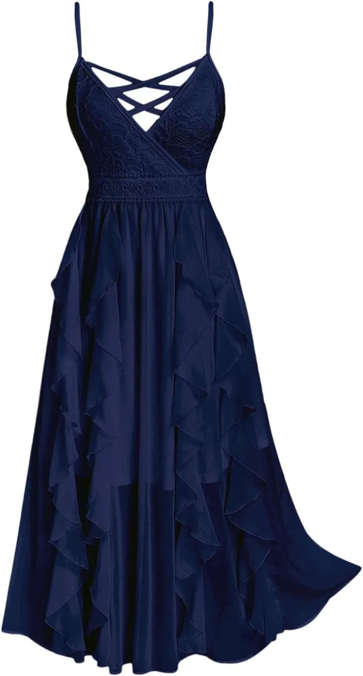 Rosegal Plus Size Party Dress for Women Lace Ruffles Cirsscross Cocktail Bridesmaid Wedding Guest Maxi Cami Formal Dress