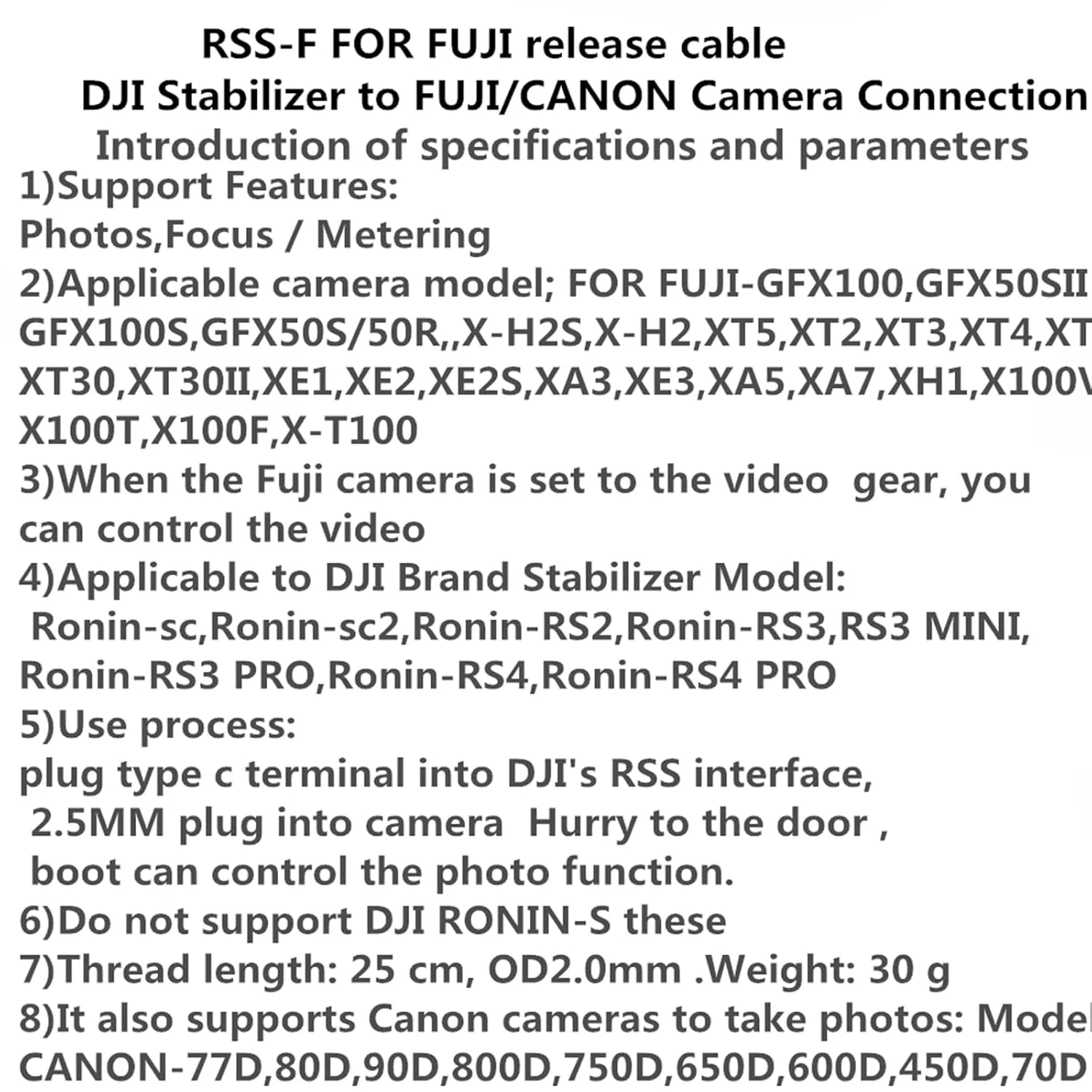 RSS-F(2.5mm) DJI Fuji/canon Camera Shutter Release Cable stabilizer Cable Support Ronin - sc/rsc2 /rs2 / rs3 /RS4/PRO stabilizer xt2 xt3/4 /5 gfx100/s/ii gfx50s for canon R100/77D/1300D/r100