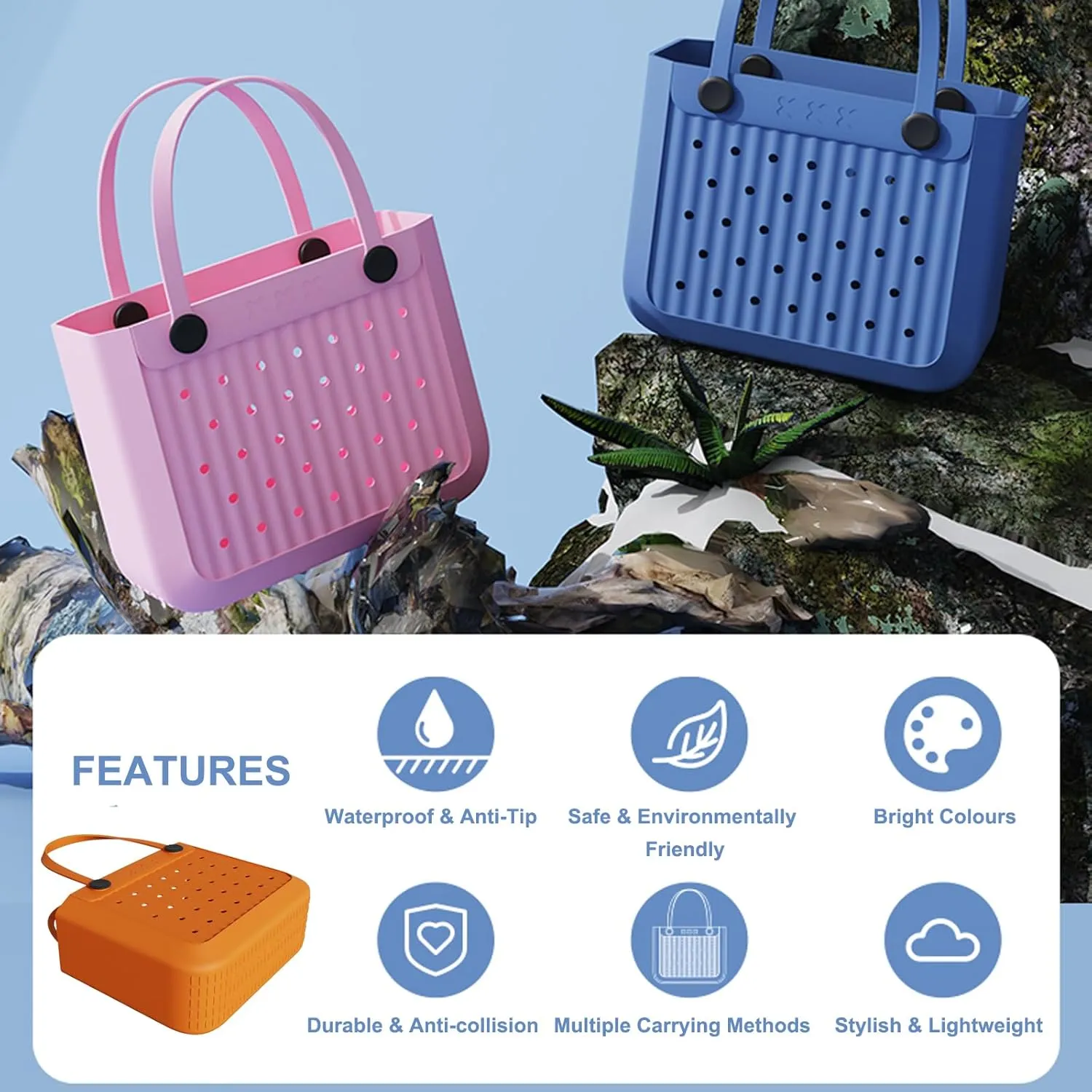 Rubber Beach Tote Bag, Waterproof EVA Travel Tote Washable Beach Handbags for Sports Outdoor Anti-Tip Bag