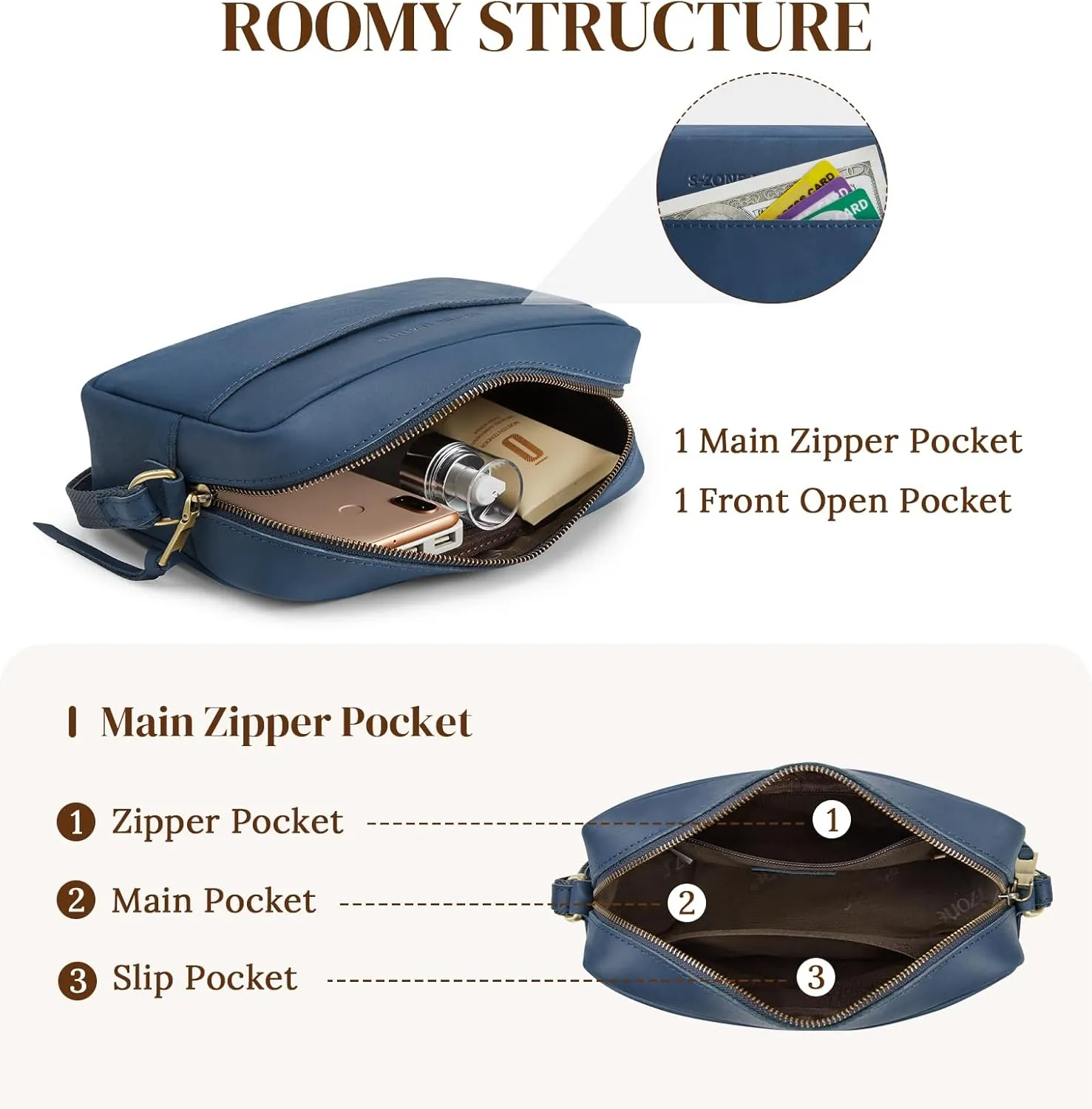S-ZONE Crossbody Bags for Women Top Grain Leather Shoulder Handbags Camera Bag Purse Adjustable Strap Travel Daily Gift