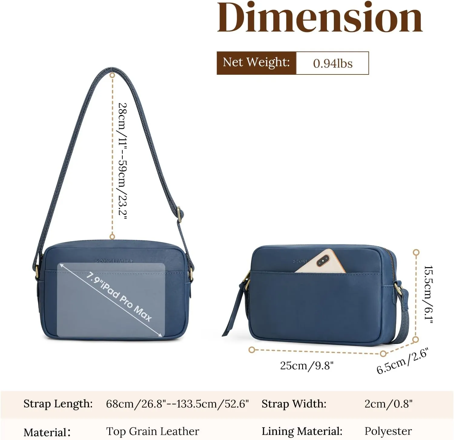 S-ZONE Crossbody Bags for Women Top Grain Leather Shoulder Handbags Camera Bag Purse Adjustable Strap Travel Daily Gift