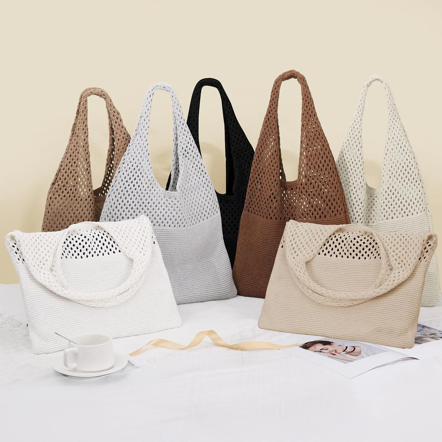 SANSTHS Crochet Mesh Beach Tote Bag Retro Hobo Knitted Bag Woven Tote Summer Shoulder Bag for Women