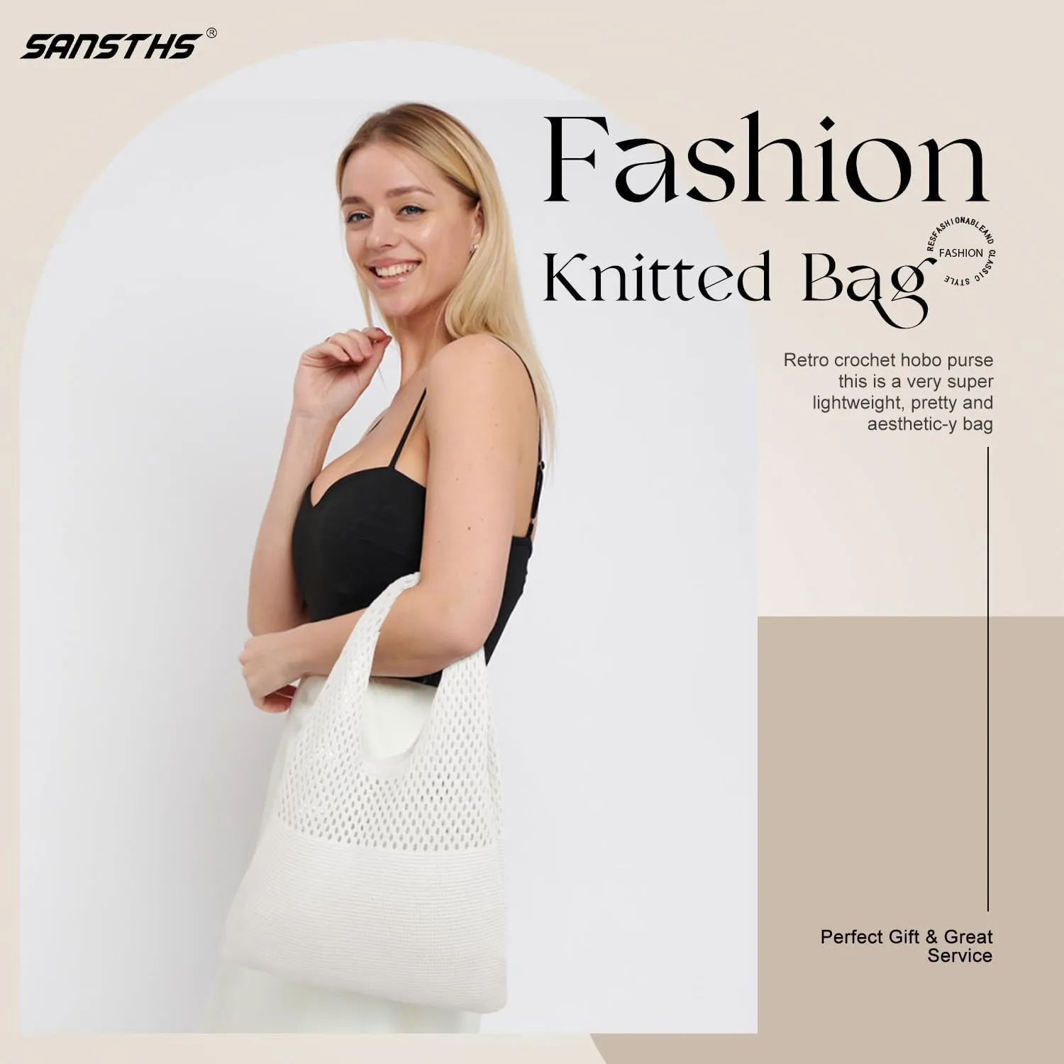 SANSTHS Crochet Mesh Beach Tote Bag Retro Hobo Knitted Bag Woven Tote Summer Shoulder Bag for Women