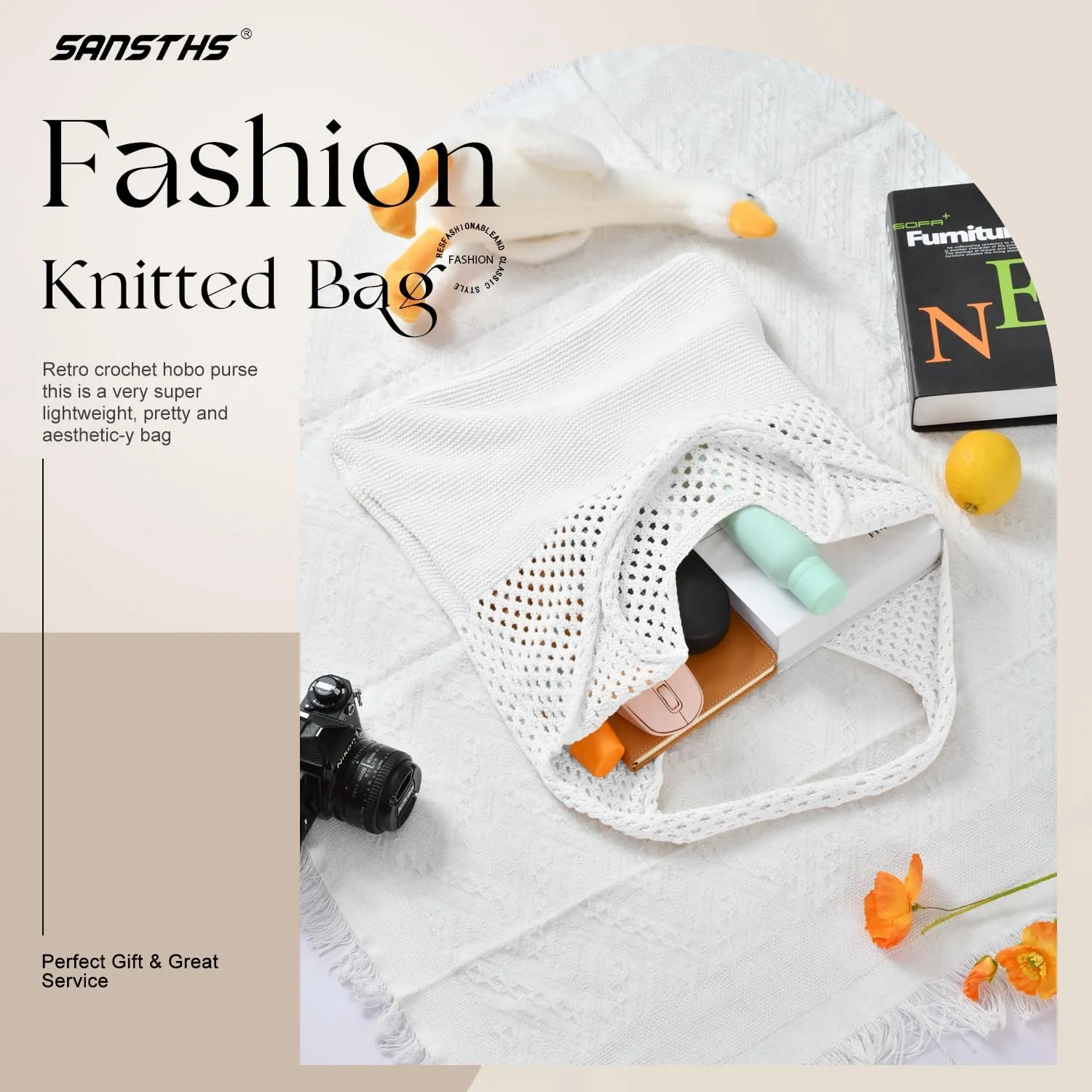 SANSTHS Crochet Mesh Beach Tote Bag Retro Hobo Knitted Bag Woven Tote Summer Shoulder Bag for Women