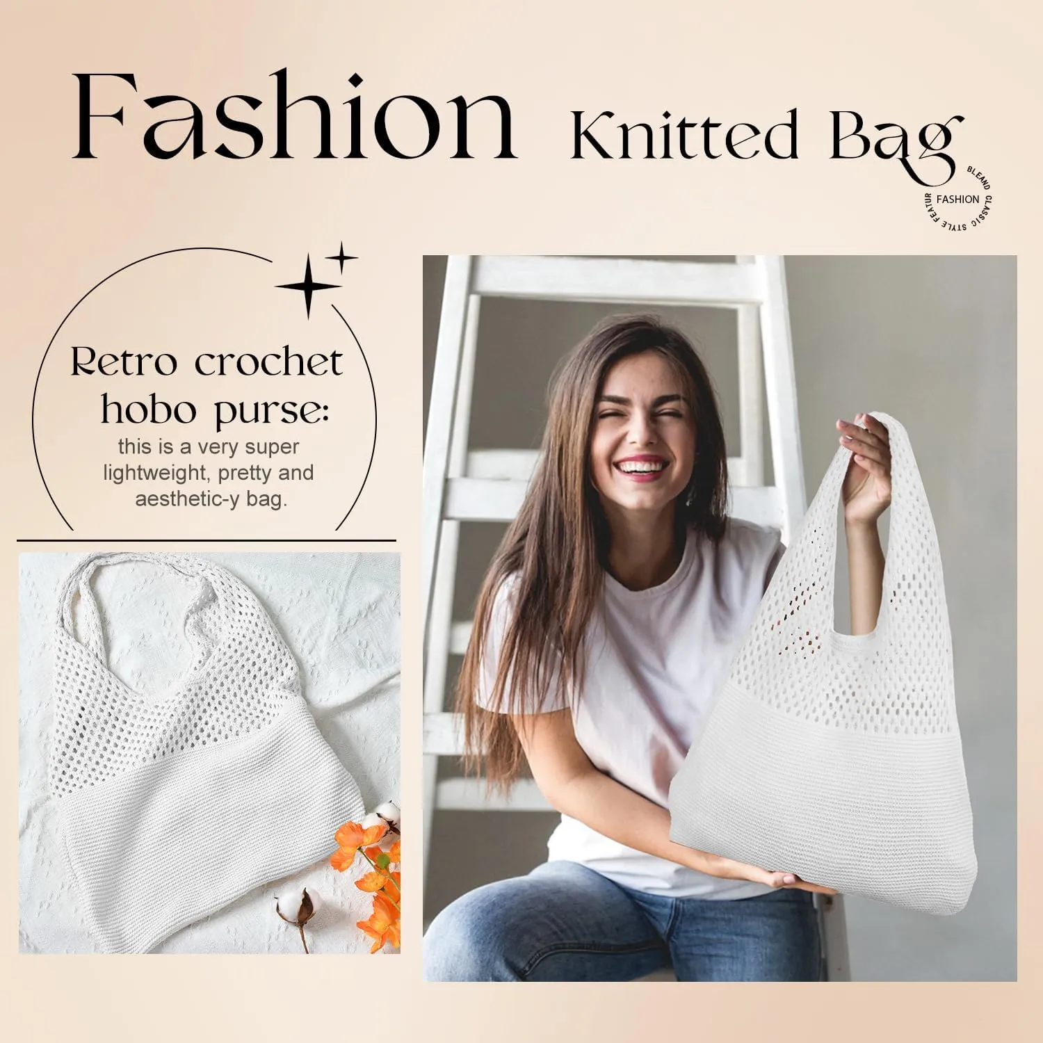 SANSTHS Crochet Mesh Beach Tote Bag Retro Hobo Knitted Bag Woven Tote Summer Shoulder Bag for Women