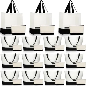 Sanwuta 30 Pcs Canvas Tote Bags Bulk with Zipper Cosmetic Bags 18.5" Reusable Cotton Canvas Shopping Bags with Handles