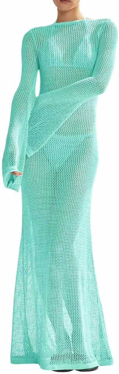 Saodimallsu Womens Crochet Cover Ups Long Sleeve Sexy Mesh Backless Knit Swimsuit Coverup Beach Maxi Dress